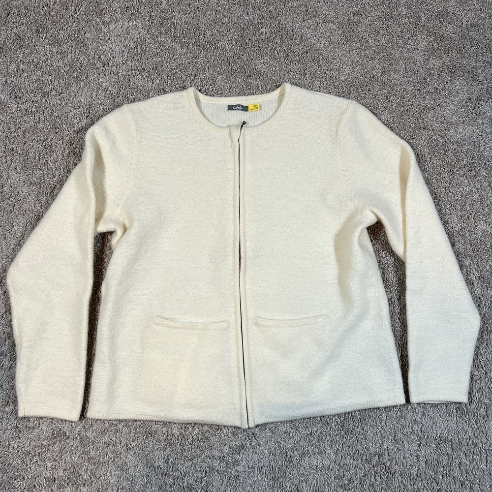 Cabelas Women's Full Zip Boiled Wool Sweater XL Ivory Crew Neckline Pockets